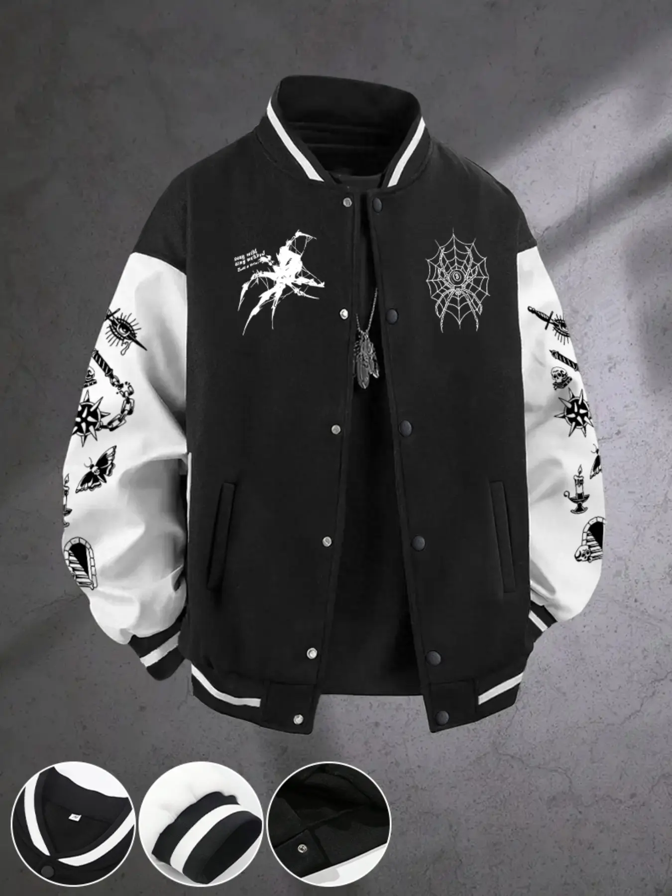 Men's Halloween Dark Style Baseball Jacket, Skull Spider Print Design, Perfect Gift for Boyfriend, Casual Fitted Fall & Winter Outerwear