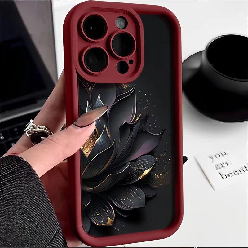 Aesthetic Black Gold Lotus iPhone Case for iPhone 17 16 Pro Max 15 Pro 14, Luxury Full Protection Shockproof Cover, Trendy Floral Phone Case