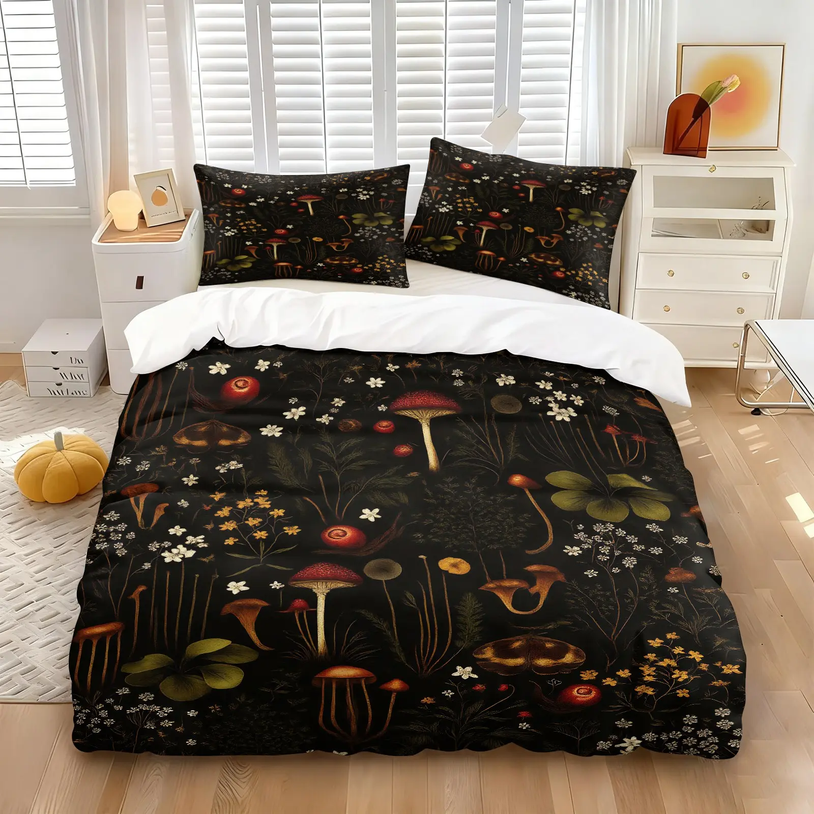 Vintage Dark Forest Mushroom Duvet Cover Set, Decorative Duvet Cover, 1 Quilt Cover & 1 or 2 Pillowcases, Drawn Mushroom Fern & Mixed Bloom Pattern, Skin-Friendly Wrinkle Resistant Fabric for Gothic Cottage Bedroom Decor, Printed Bedding Set
