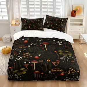 Vintage Dark Forest Mushroom Botanical Duvet Cover Set, 1 Quilt Cover & 1 or 2 Pillowcases, Vintage Drawn Mushroom Fern & Mixed Tiny Bloom Pattern, Skin-Friendly Wrinkle Resistant Fabric for Gothic Cottage Bedroom Interior Decor