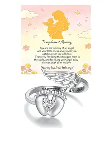 Adjustable Baby Footprint Ring, Angel Heart Wings Engagement Wedding Jewelry, Pregnancy Loss Memorial Gift, Infant Death Remembrance Pendant