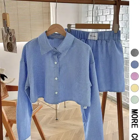 Women's Striped Print Button Front Shirt & Shorts Two-Piece Set, Casual Long Sleeve Collared Top & Shorts for Spring & Fall, Ladies Clothes for Daily Wear, Fashionable Shorts Set #GLOBAL PICKS