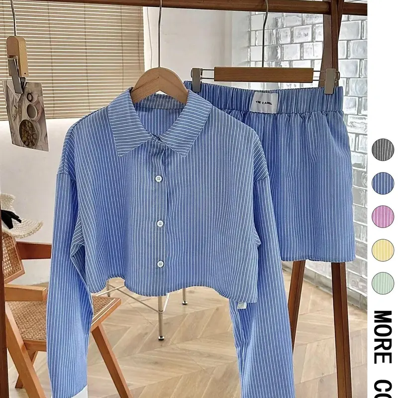 Women's Striped Print Button Front Shirt & Shorts Two-Piece Set, Casual Long Sleeve Collared Top & Shorts for Spring & Fall, Ladies Clothes for Daily Wear, Fashionable Shorts Set #GLOBAL PICKS