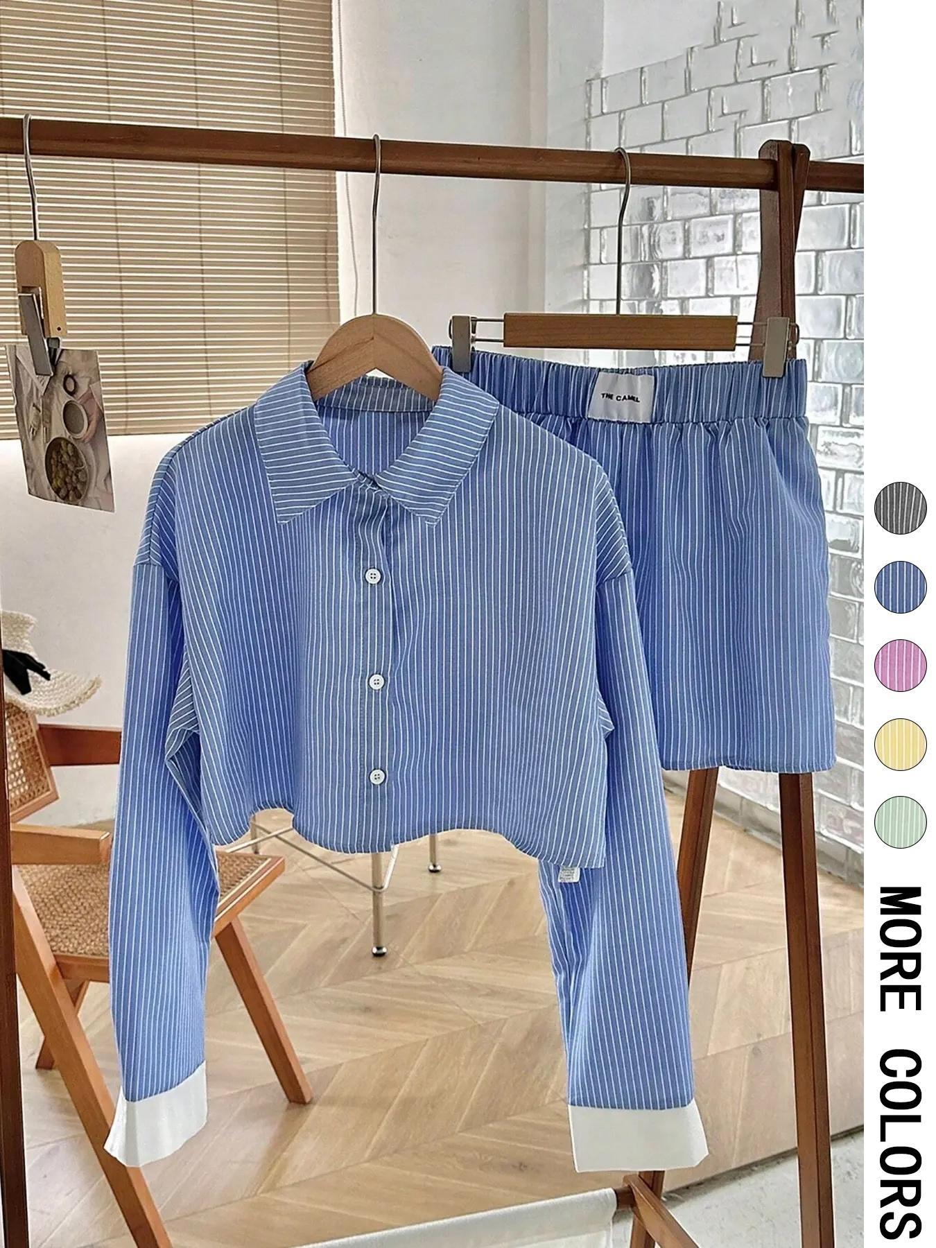 Women's Striped Print Button Front Shirt & Shorts Two-Piece Set, Casual Long Sleeve Collared Top & Shorts for Spring & Fall, Ladies Clothes for Daily Wear, Womenswear