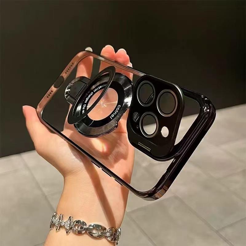 Magnetic bracket compatible with iPhone 16 Pro Max/15/14pro/13 phone case minimalist transparent electroplated lens bracket case HNZY100