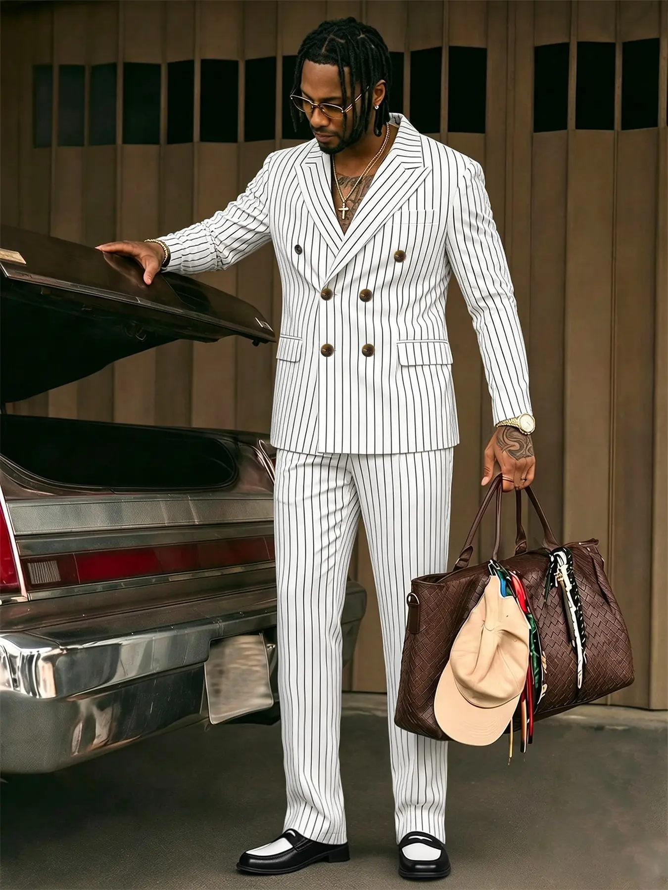 Men's Blazer 2-Piece Set, Striped Suit Pants, Notched Lapel, Double-Breasted Jacket, Straight Leg Pants, Business Formal Wear