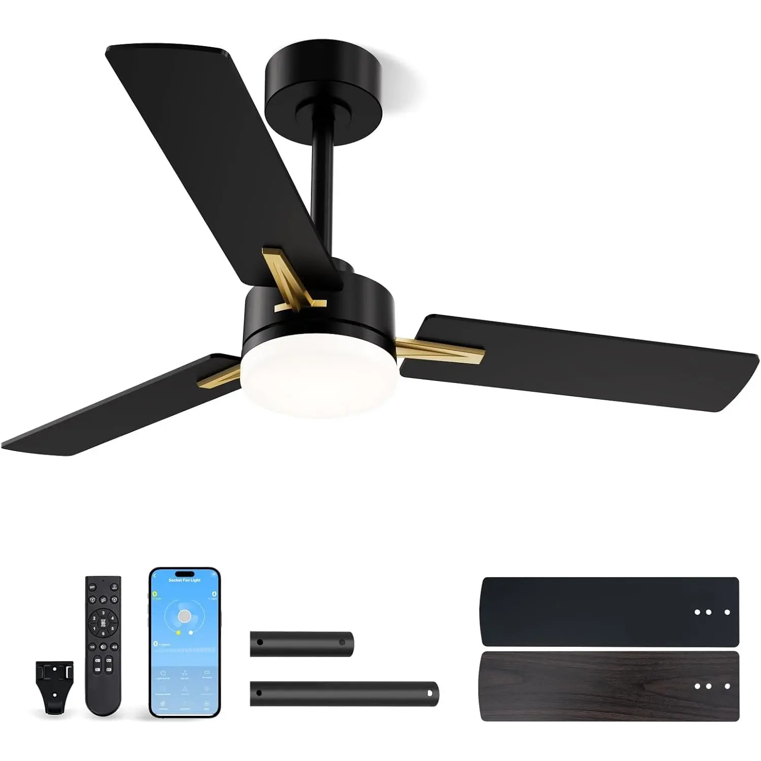 Low Profile Flush Mount Ceiling Fan with Light and Remote, 42 Inch | Modern App Control, 6 Speeds, 3CCT, Timer, Reversible, Quiet, LED, For Bedroom, Living Room, Indoor/Outdoor Use,  Black