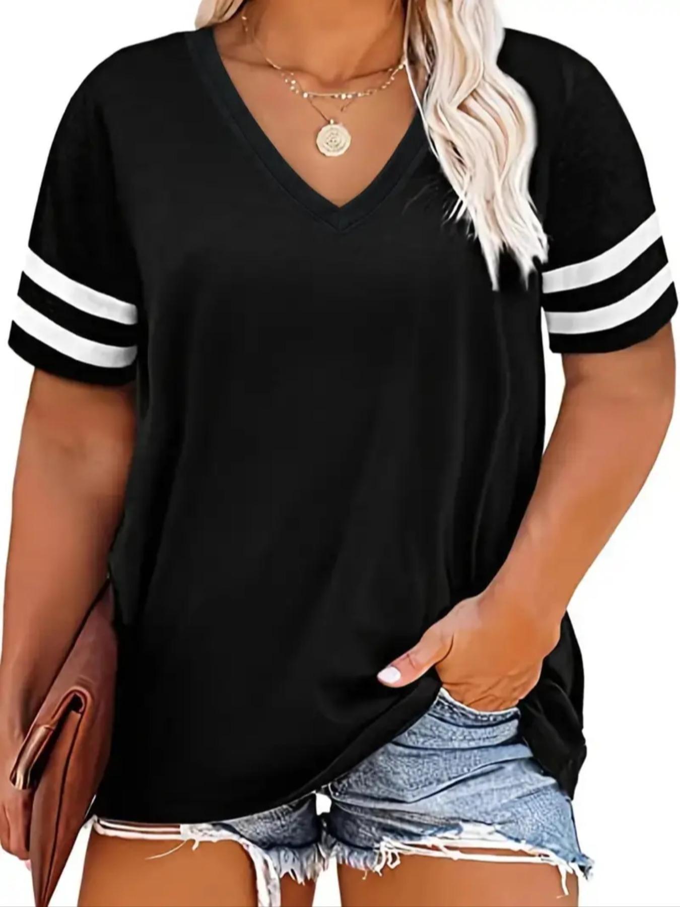 Plus Size Contrast Striped Print V Neck Knit Tee, Casual Short Sleeve Fitted T-shirt for Summer, Women's Plus Clothing for Daily Wear, Cute Tops, Womenswear