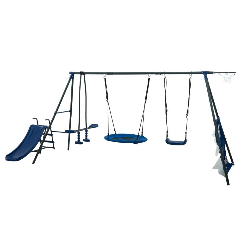 ARCH XNS052 grey and blue interesting six function swingset with net swing metal plastic safe swing set 440lbs for outdoor playground for age 3+ with 31.5in net swing