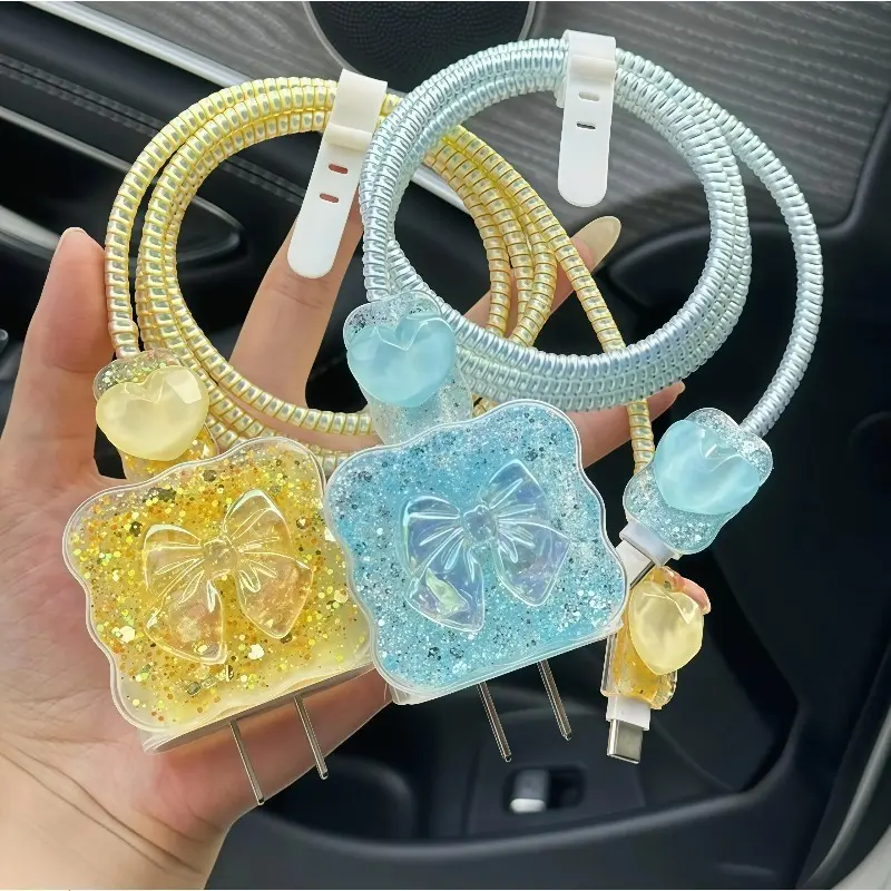 Glitter Bow & Heart 20W Charger Adapter Cover with Spiral Cable Protector, 2-Piece Anti-Break Set Compatible with iPhone 15/16 Pro, Sparkle Charging Accessory for Women