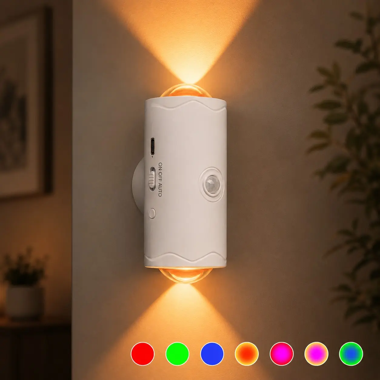 Rechargeable Motion Sensor Wall Light, 7 Colors Changing LED Night Light, Wireless Battery Operated Wall Sconce for Bedroom, Hallway, Stairs, Closet, Doorway, LED Mood Light