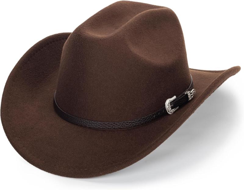 Western Felt Cowboy Cowgirl Hat - Wide Brim Panama Jazz Fedora Hat with Floral Engraved Buckle Belt Decoration 22.4" to 22.8"