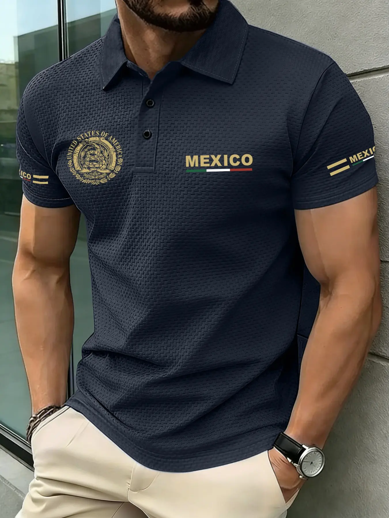 Men's Casual Short-Sleeve Polo Shirt, Collared Polo, Classic Mexico-Inspired Icon Design, Breathable Elastic Fabric, Perfect for Daily Wear and Outdoor Activities