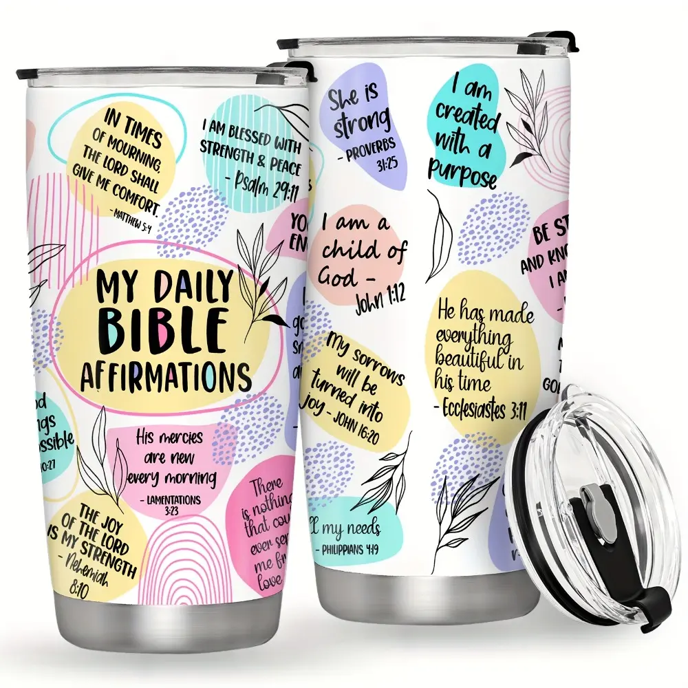 Women's 20 oz Vacuum Insulated Christian Single Mug with Bible Verses - Leak-Proof Travel Drinkware, "I am strong and lovely-Psalm 18:15" Inspirational Soft-Colored Kitchenware Gift