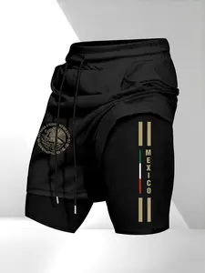 Men's Drawstring Pocket Waistband Shorts, Mexican Emblem Print, Comfortable Breathable Fabric, Durable Material, Perfect Gift