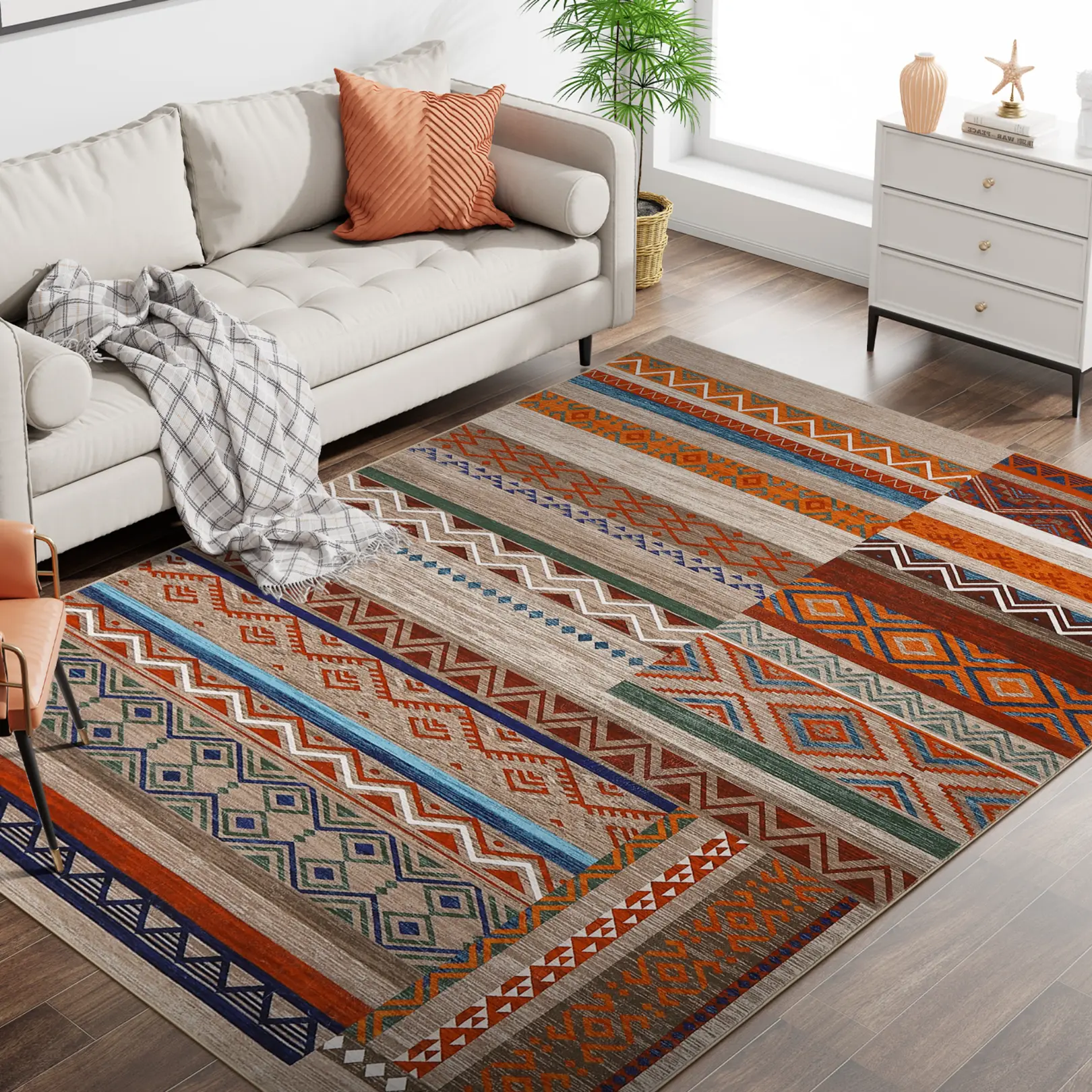 Washable Southwestern Tribal Geometric Area Rug 4x6, Soft Low Pile Non Slip Neutral Patchwork Carpet for Living Room Bedroom, Brown Green Rice, Multiple Sizes 4x6 5x7 6x9 8x10 9x12