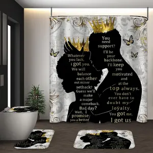 LVRLVR 4Pcs Black King Queen Couple Inspirational Quote Print Luxe Style Black White Gold Tone Shower Curtain Set 70.8×70.8 Inch