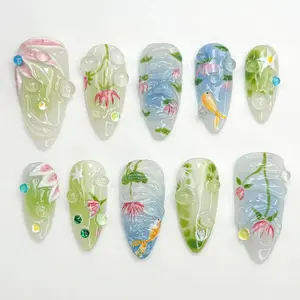 Handmade Almond Press on Nails - Koi Fish & Lotus Flower Design, Water Ripple Texture Blue Green Gradient Fake Nails with Rhinestones, Reusable Glossy False Nails for Women Spring Summer Nail 24Pcs