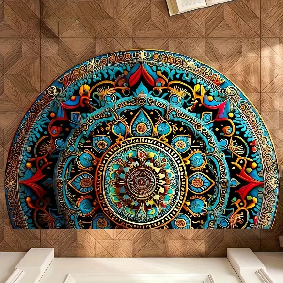 A bohemian mandala semi-circular floor mat, super non-slip absorbent carpet, suitable for entrances, living room carpets, kitchens and more - easy to care for, machine washable, Boho Washable Rug