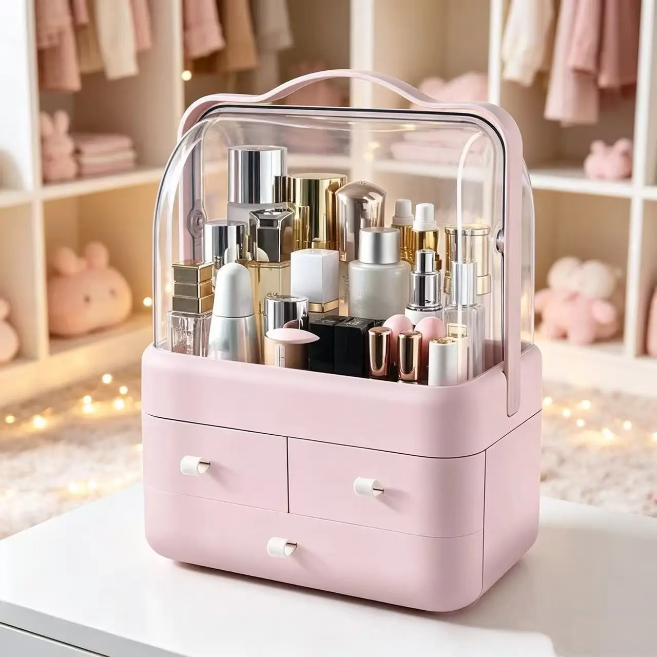 1pc Cosmetics Storage Box, Dust-Proof Desktop Organizer, Home Makeup Shelf, Bathroom Vanity Rack, Essential Beauty Accessories