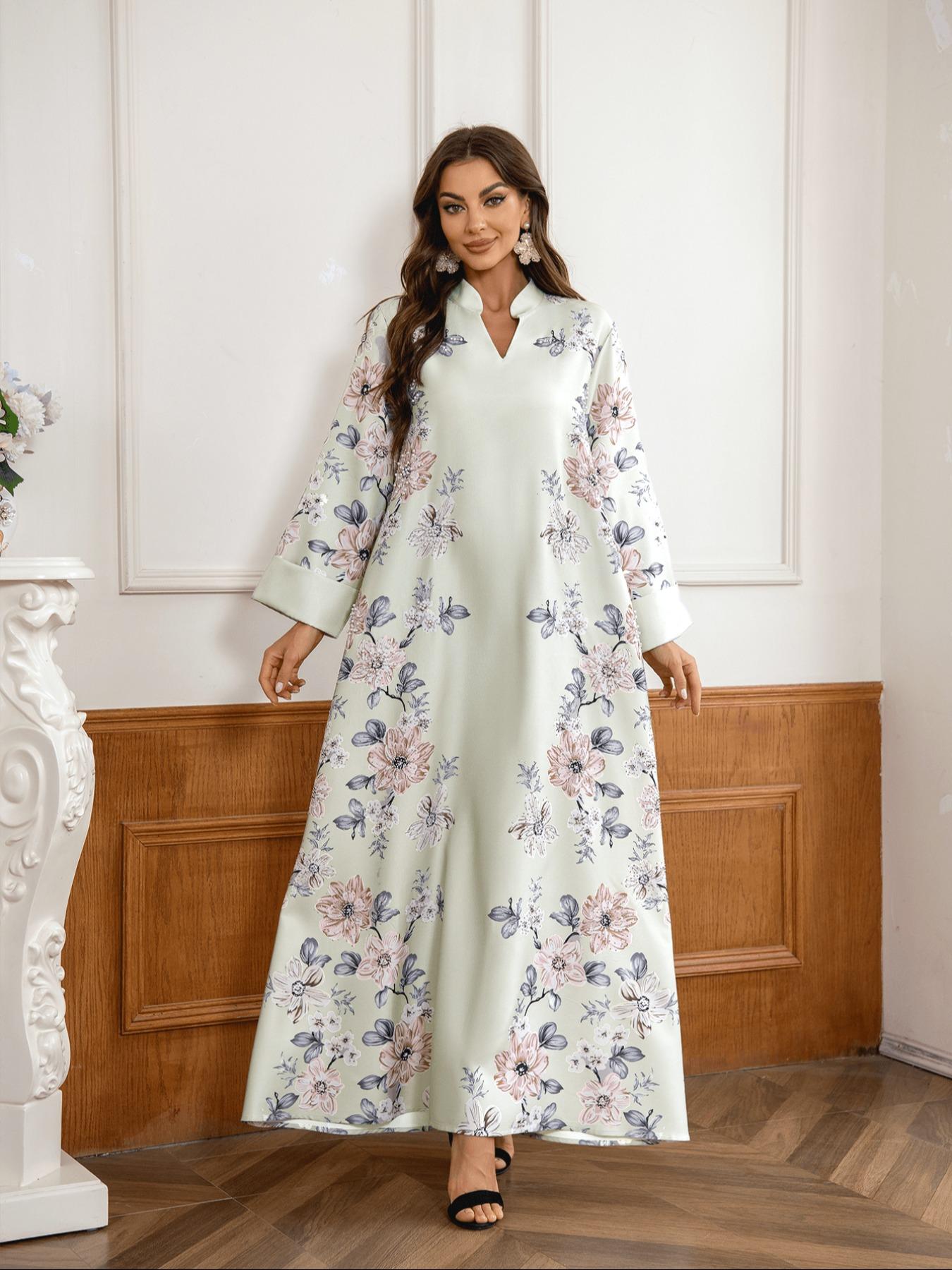 Women's Floral Print Long Sleeve Kaftan Dress, Elegant Fashion Casual Modest Style Dress for Daily Outdoor Wear, Women's Islamic Clothing for All Seasons, Classy Modest Dresses, Modestdresses