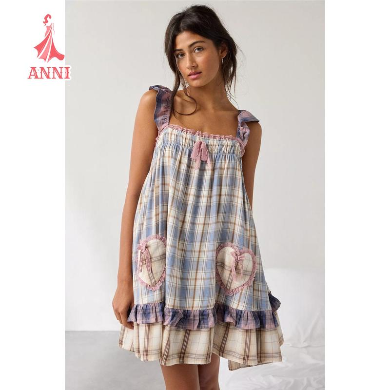 Women's Ruffle Strap Mini Dress Sleeveless Square Neck Bow Front Flowy Dress Summer Babydoll Dress