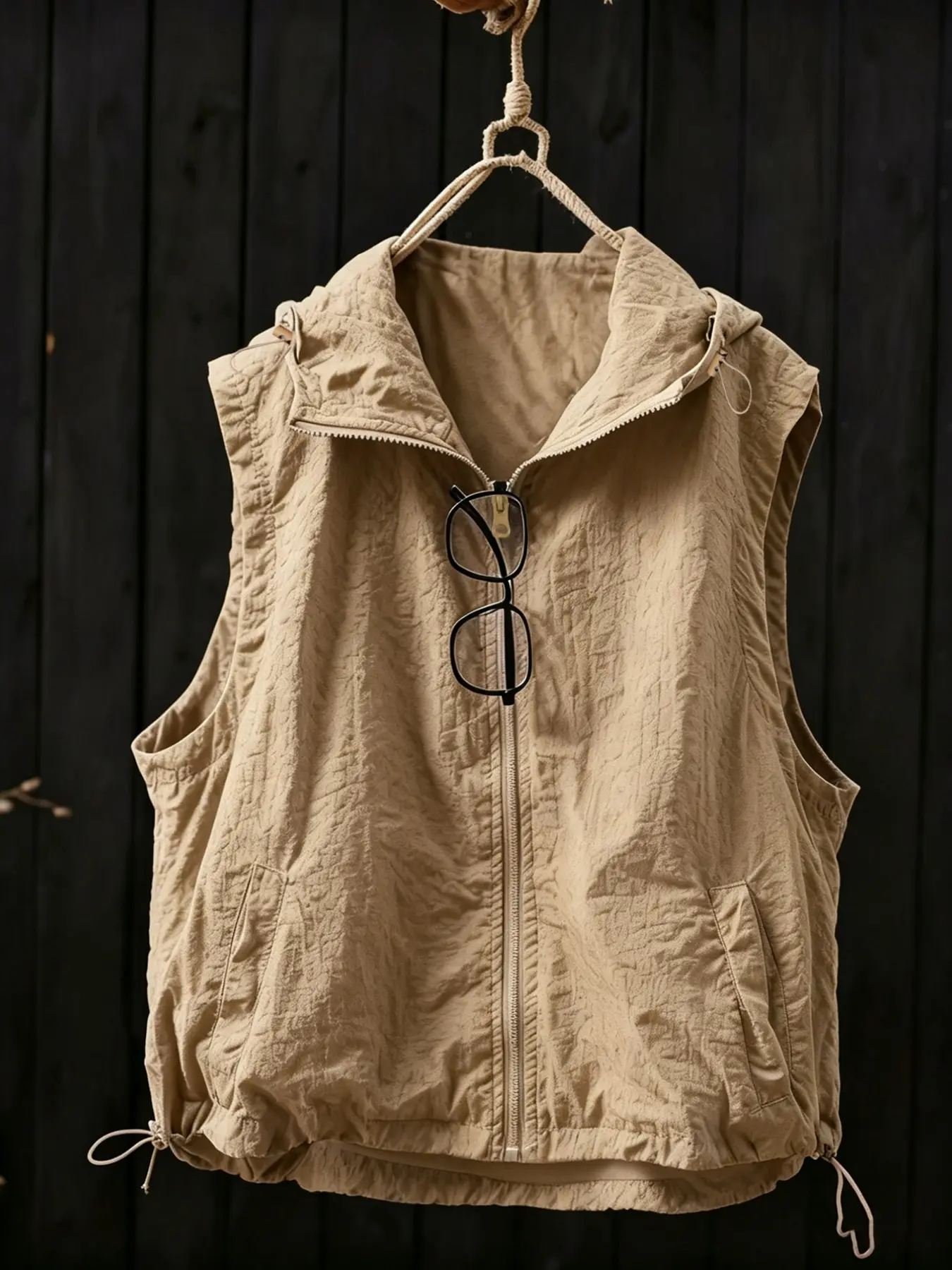 Hooded Pleated Vest, Lightweight Breathable Sleeveless Jacket, Drawstring Loose Fit Casual Workwear Tank Top, Comfortable and Stylish