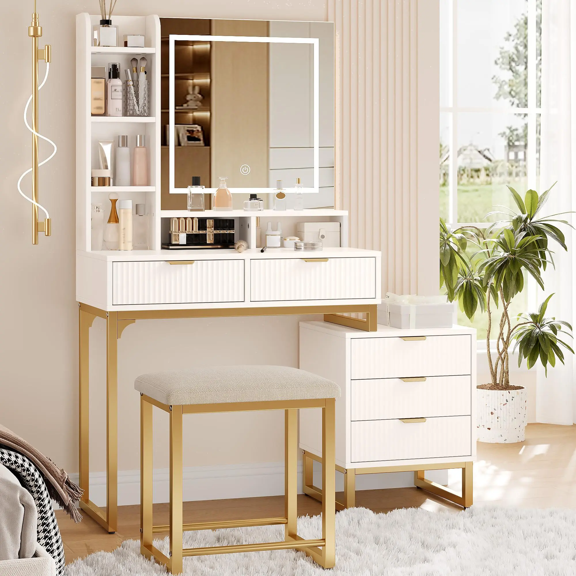 White LED Mirror Makeup Vanity Desk, Fluted Dressing Table with Lights, 2 Drawers, Storage Shelves, Adjustable Side Cabinet, Cushioned Stool, Modern Bedroom Furniture Gift for Women Teens