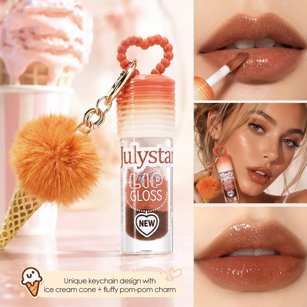 Long Wear Hydrating Lip Gloss, subtle sparkling particles, non-greasy comfortable wear, sweet chocolate aroma, ice cream pendant decor, easy to carry inside purses
