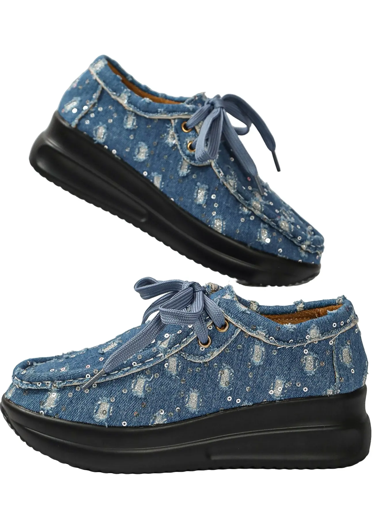 Vintage Floral Denim Casual Shoes for Women, Frayed Edge Lace-Up Chunky Sole Canvas Sneakers, Versatile Fashion Footwear