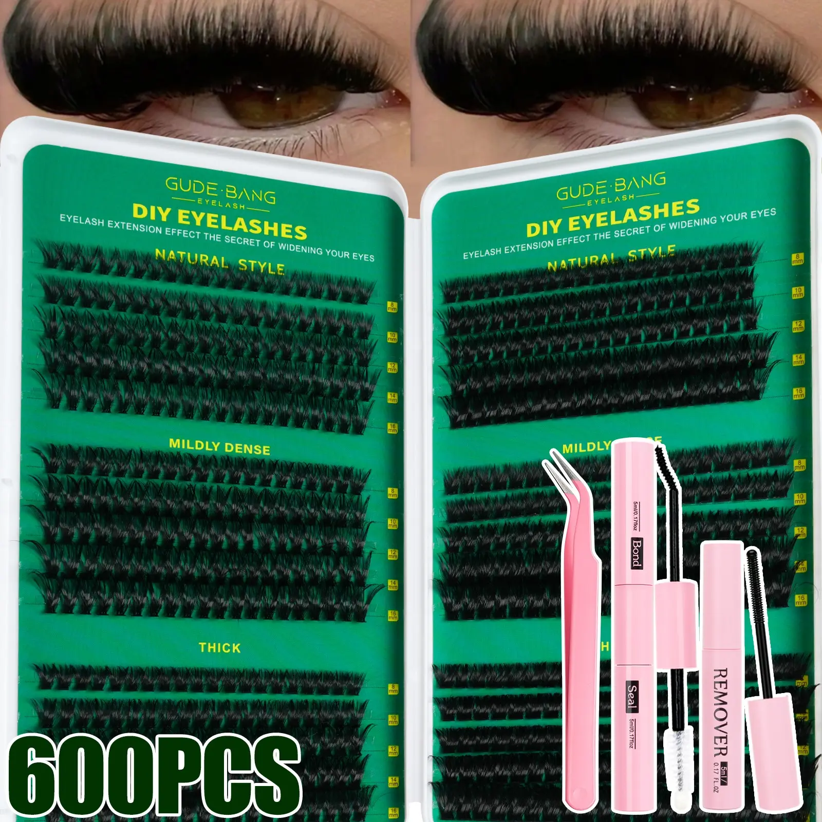 600 Pcs Eyelash Extension Kit with Glue, Tweezers and Remover Cream, Mixed 8–16 mm Lengths, Curl Lashes, Curling Lashes, Large-Capacity Beginner-Friendly DIY Eyelash Extension Set for Home Use, Diy Lash Cluster, DIY Lash Tools