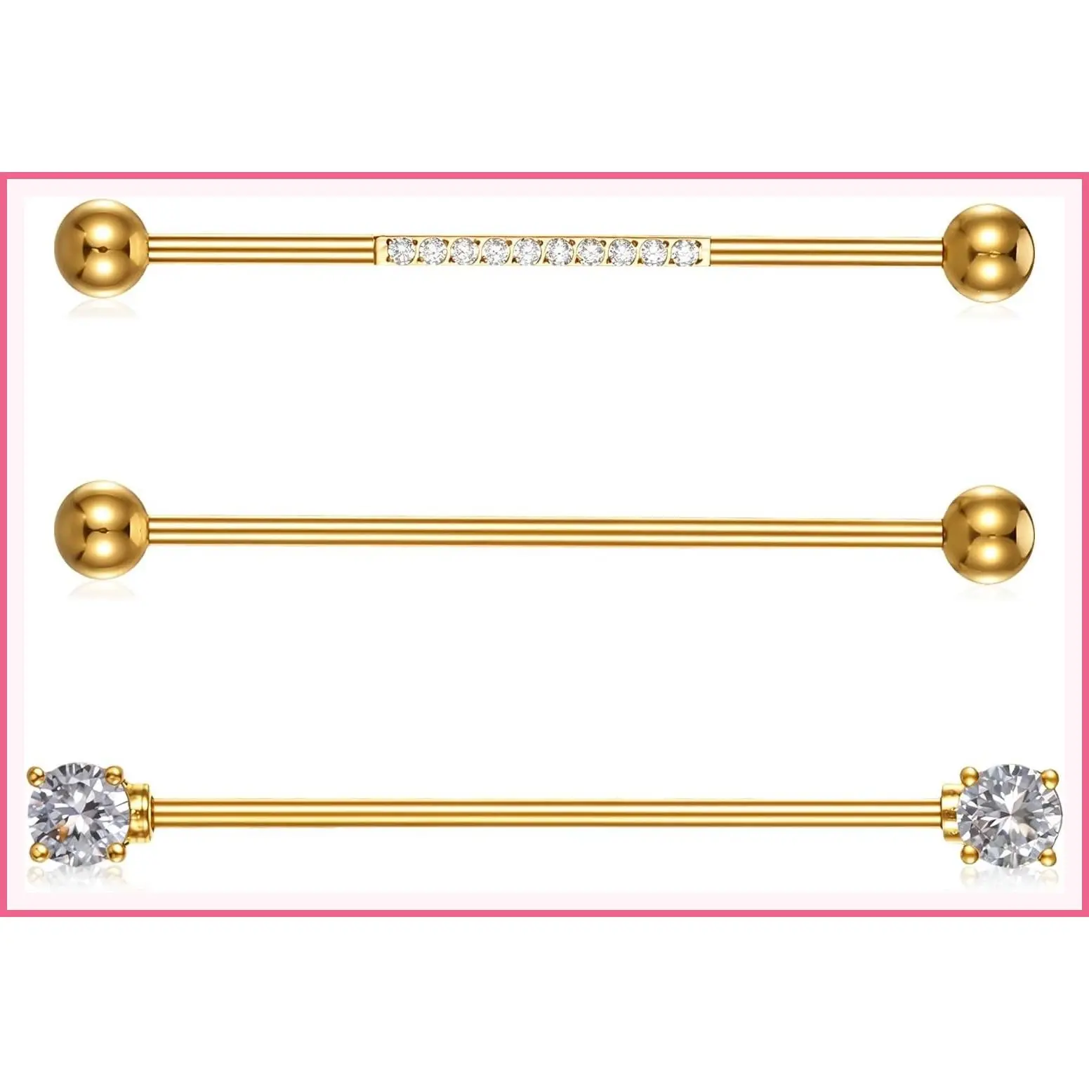 3Pcs 14G Surgical Steel Industrial Piercing Jewelry with Cubic Zirconia, Gold Cartilage Helix Barbell Earrings for Women Men