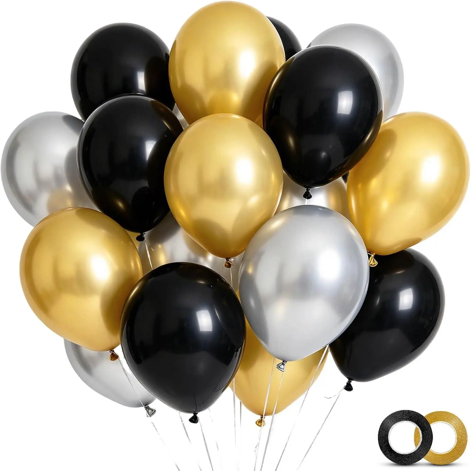 12-in Durable Latex Decorative Ribbon Festive Balloons (100-Pack, Black, Gold, Silver) with 65ft Curling Ribbon - Easy-to-Use Decor for Birthday, Wedding - Home & Festive Supplies, Decorative Ribbon Balloons