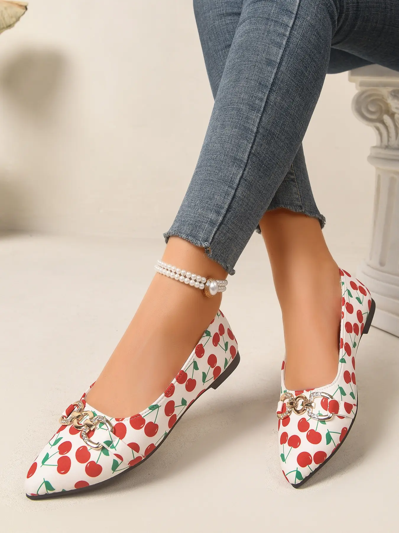 1 Pair Women's Cherry Print Pointed Toe Flats, Sweet Metal Buckle Soft Sole Shoes, Cute Casual Footwear for Dates & Daily Outings
