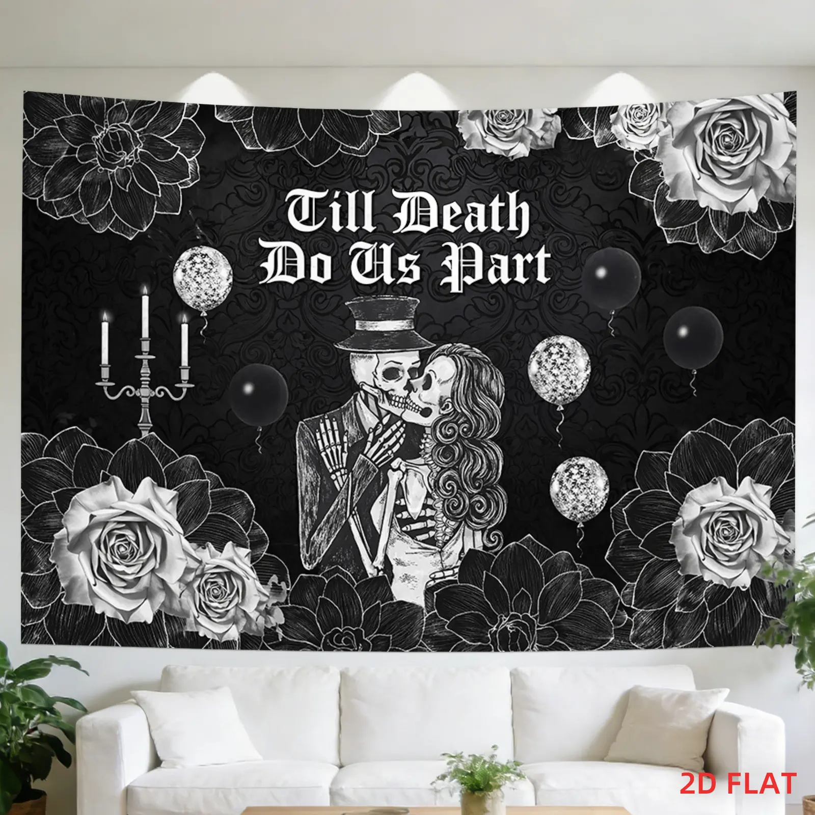 Gothic 'Till Death Do Us Part' Skeleton Couple Tapestry - Rose & Balloon Decor, Hanging Wall Art Gift for Living Rooms, Meditation Spaces