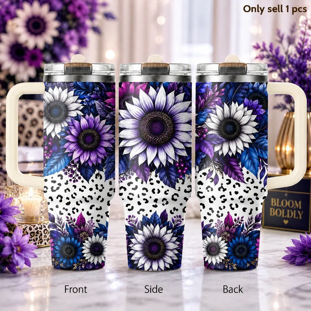 Leopard Sunflower Floral 40oz Tumbler – Boho Animal Print Stainless Steel Insulated Travel Mug with Handle & Straw Lid for Coffee, Water, Office, Gym, Car, Trendy Gift for Women