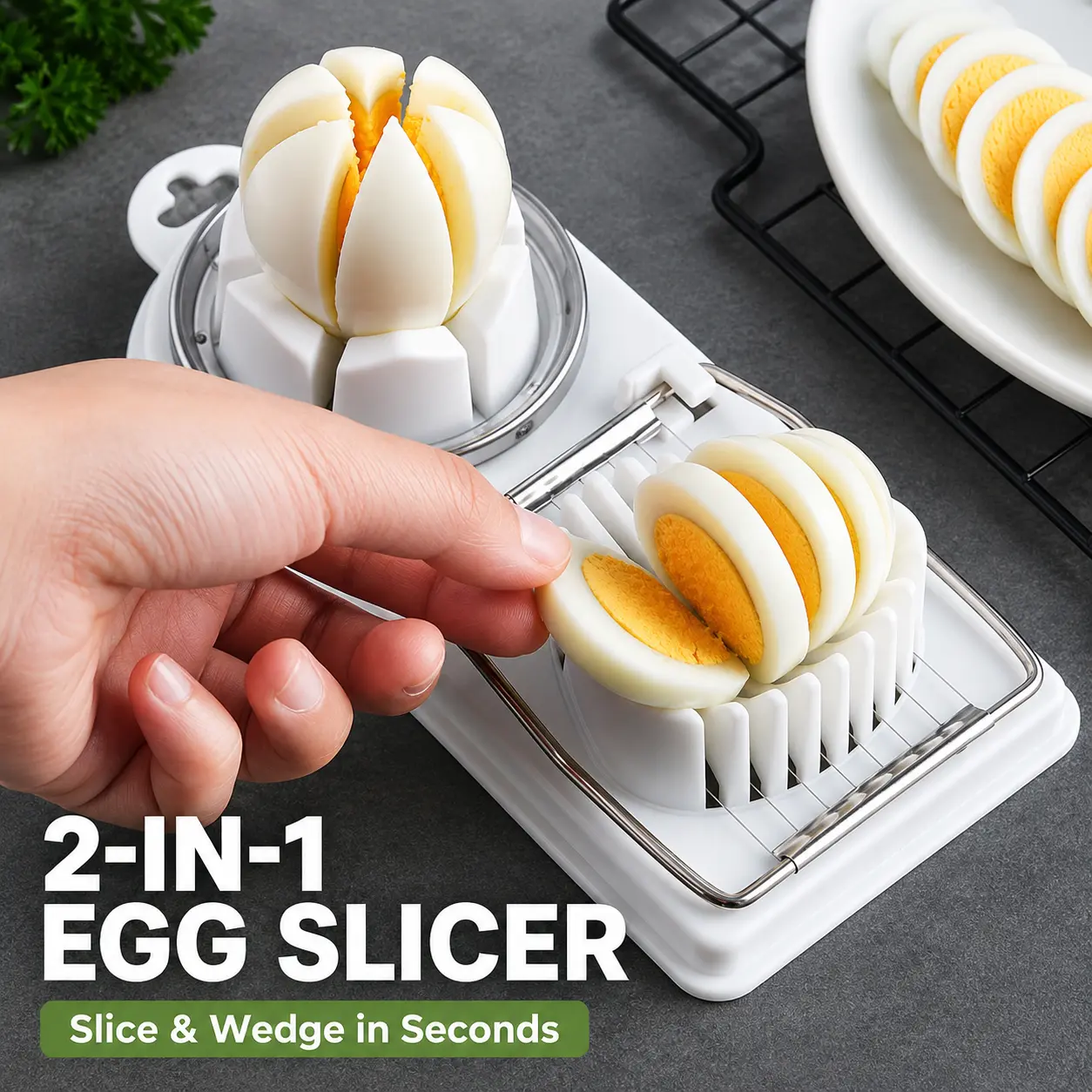 2-in-1 Egg Slicer & Cutter, Stainless Steel Boiled Egg Slicing Tool for Eggs, Century Eggs, Strawberries & Soft Fruits, Kitchen Gadget