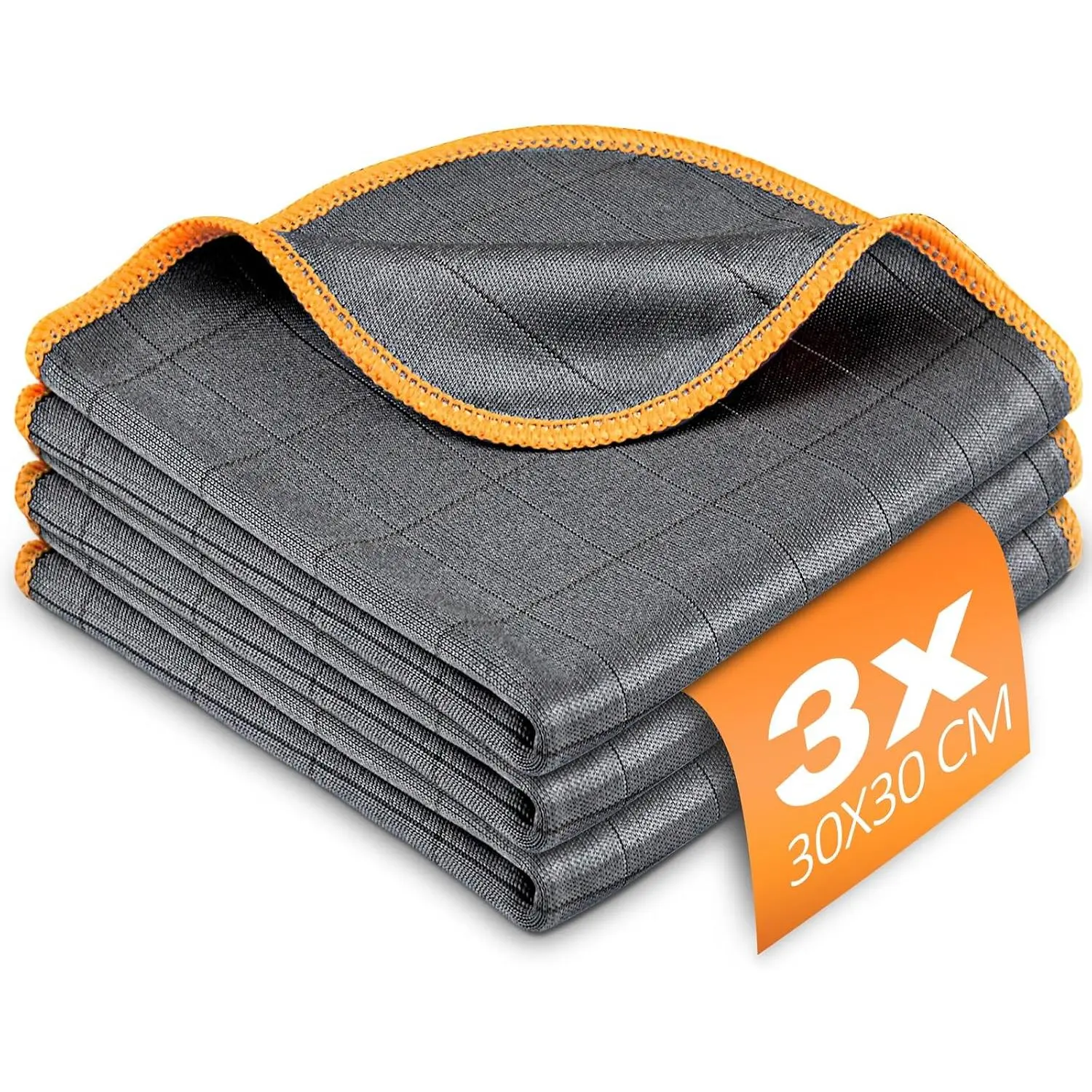 Glass Polishing Streak Free Miracle Cleaning Cloth, Grey-Orange | Lint Free Microfiber Cleaning Rags for Glasses Kitchen Dish Mirrors Easy Clean, 12 x 12 Inches, Pack of 3