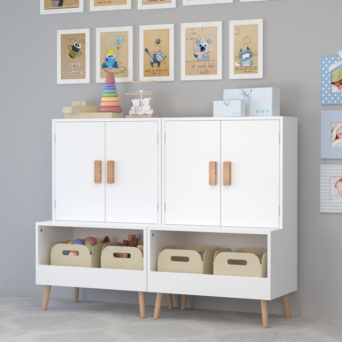 Kids Toy Storage Cabinet with Doors and Open Shelf, White Modern Wooden Organizer with Natural Wood Legs, Toddler Bookshelf for Playroom, Nursery, Bedroom
