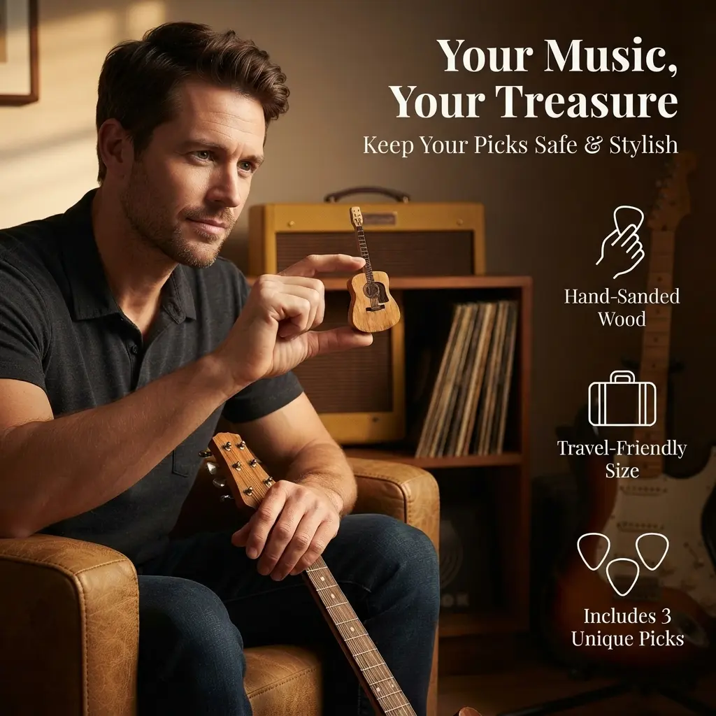 Wooden Guitar Pick Box with Stand, Handcrafted Portable Storage Case with 3Pcs Unique Guitar Picks, Perfect Gift for Guitar Lovers