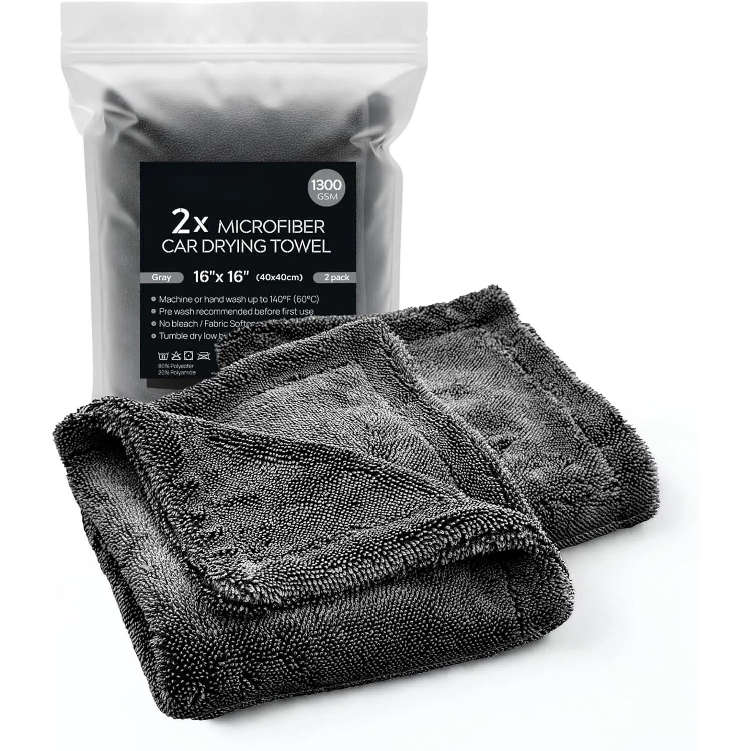 Medium  Drying Towel 16"x16", 1300 GSM  Towel, 2-Pack, Gray | Professional Drying Towels  Detailing with Double Twisted Loop, Super Absorbent Microfiber Drying Towels for , 2-pk