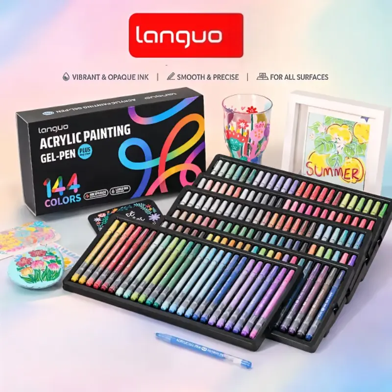 Languo 144 Color Acrylic Gel Pen Set, Ink Gel Pens, Aesthetic Pens, 1.0mm Wide Tip, Smooth Writing, Large Ink Capacity, Ideal for Art, Gift Box Packaging