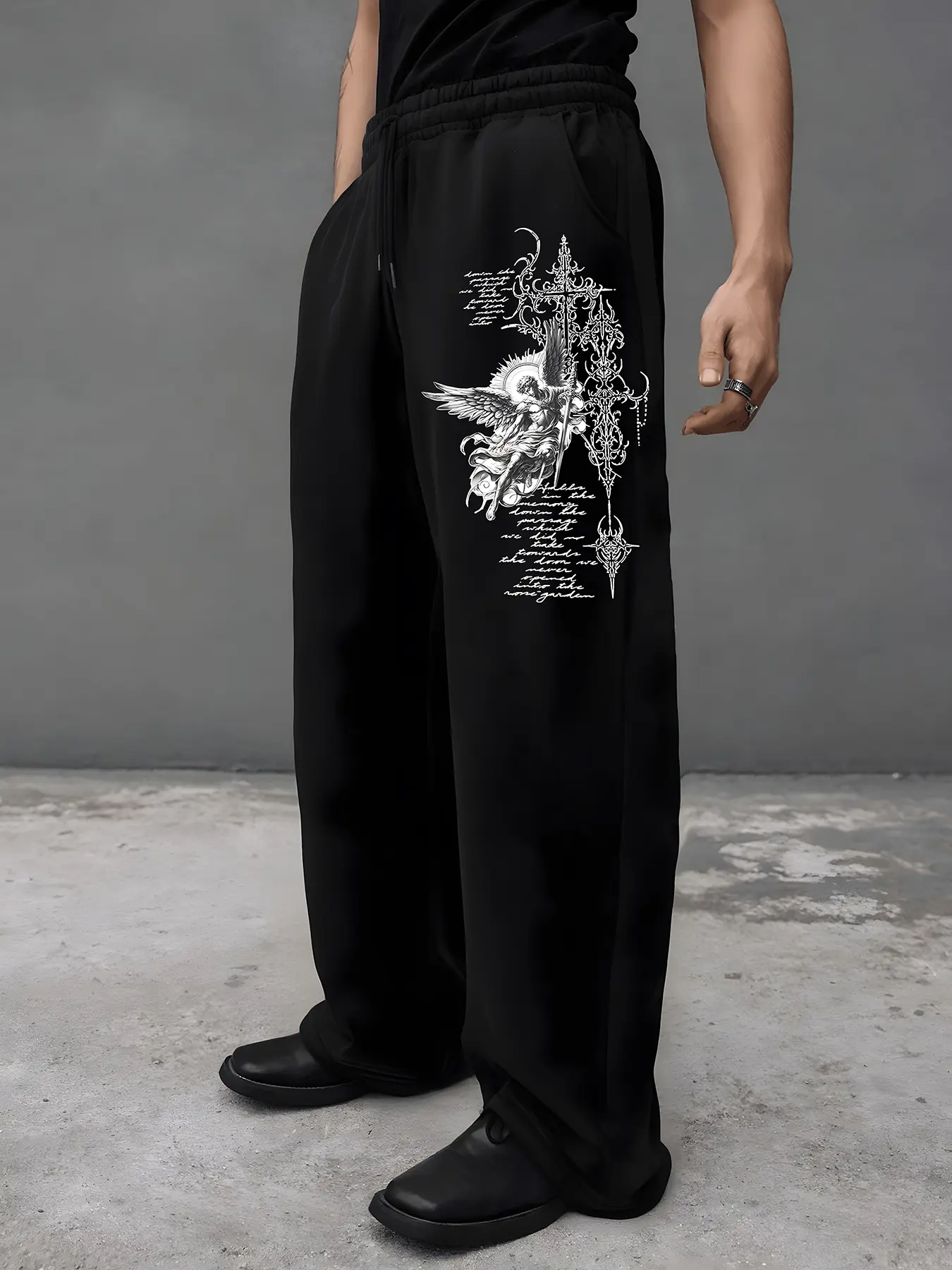 Men's Gothic Angel Graphic Wide-Leg Sweatpants – Intricate White Angel & Script Print, Edgy Dark Aesthetic, Soft Cozy Fabric, Loose Oversized Fit, Trending Streetwear Bottoms, Perfect for Urban Casual/Street Style Looks