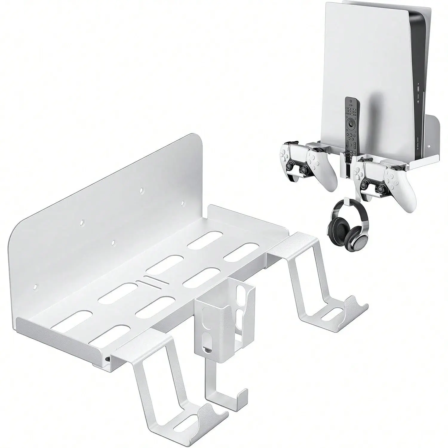 Ps5 Console Wall Mount, Metal Gaming Organizer, 2 Controller Holders, Headset Hanger, Remote Holder, Ventilation, Space-Saving Accessories