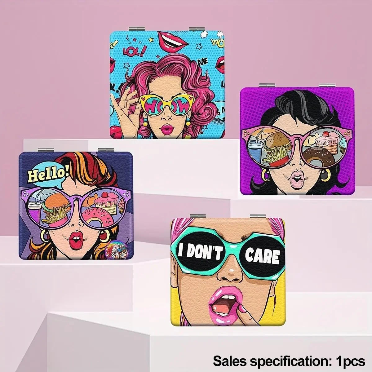 Pop Art Cartoon Woman Portrait Compact Mirror, Double Sided Foldable Pocket Makeup Mirror, Retro Comic Ladies Sunglasses Pattern Portable Travel Cosmetic Mirror, Gift for Girls Women