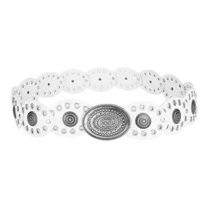 Bohemian Punk Belt for Women with Hollow Oval Discs & Vintage Engraved Buckle
