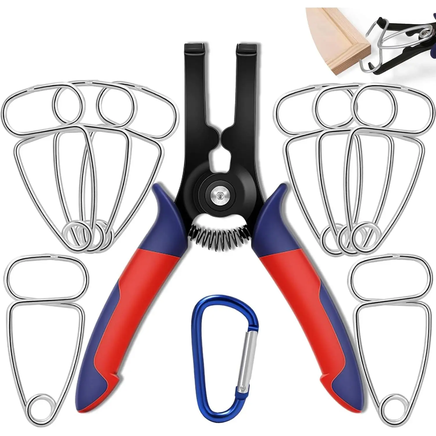 10PCS Miter Spring Clamps Kit for Woodworking Wood Trim Picture Frames Moldings with 8PCS Miter Clamps 1PC Spring Loaded Pliers 1PC Carabiner Wood Frame Tool Crown Molding Tools