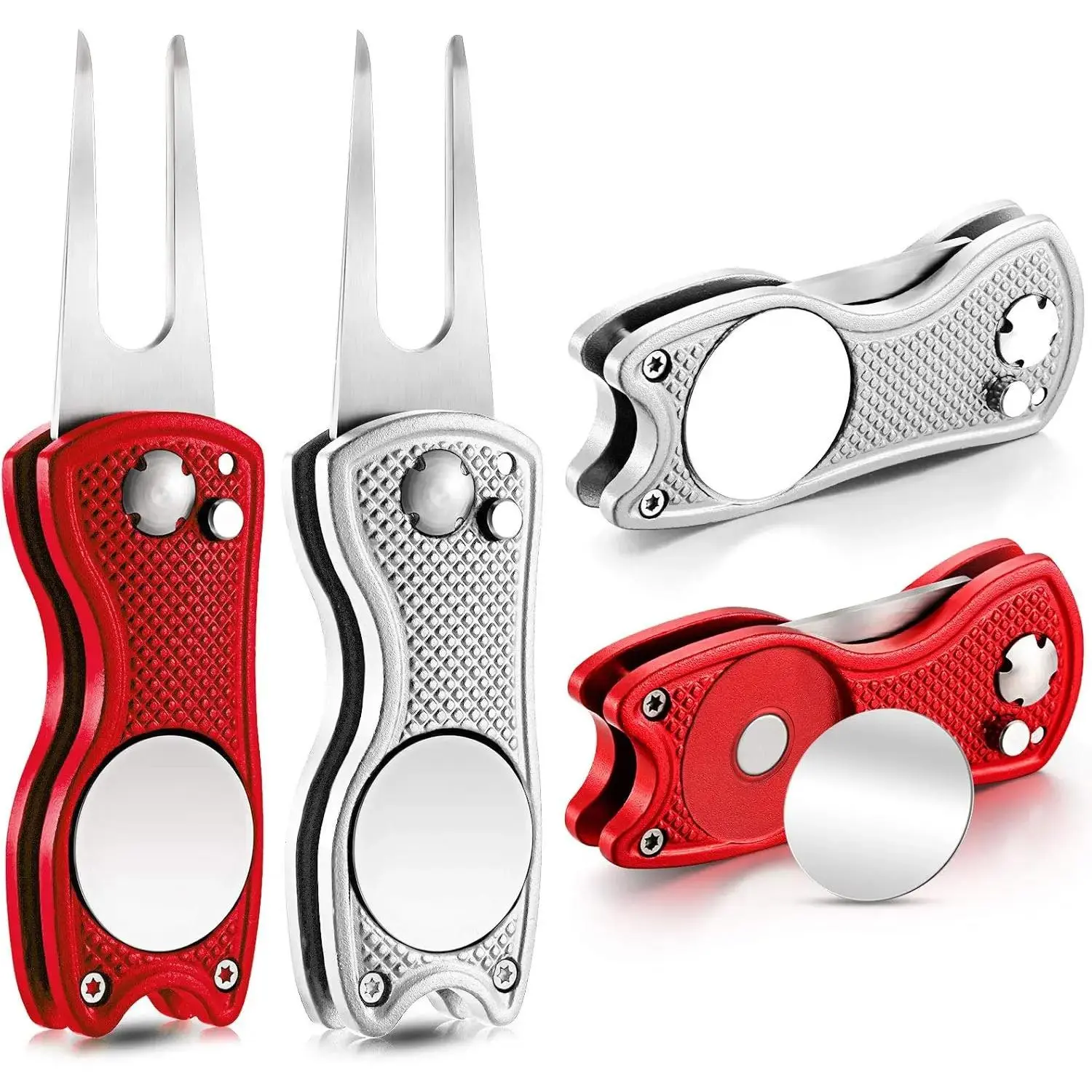 4 count Golf Divot Repair Tool Metal Foldable Golf Divot Tool with  Pop-up Button Ball Marker Stainless Steel Switchblade for Golfers Prizes JianShuLuxe