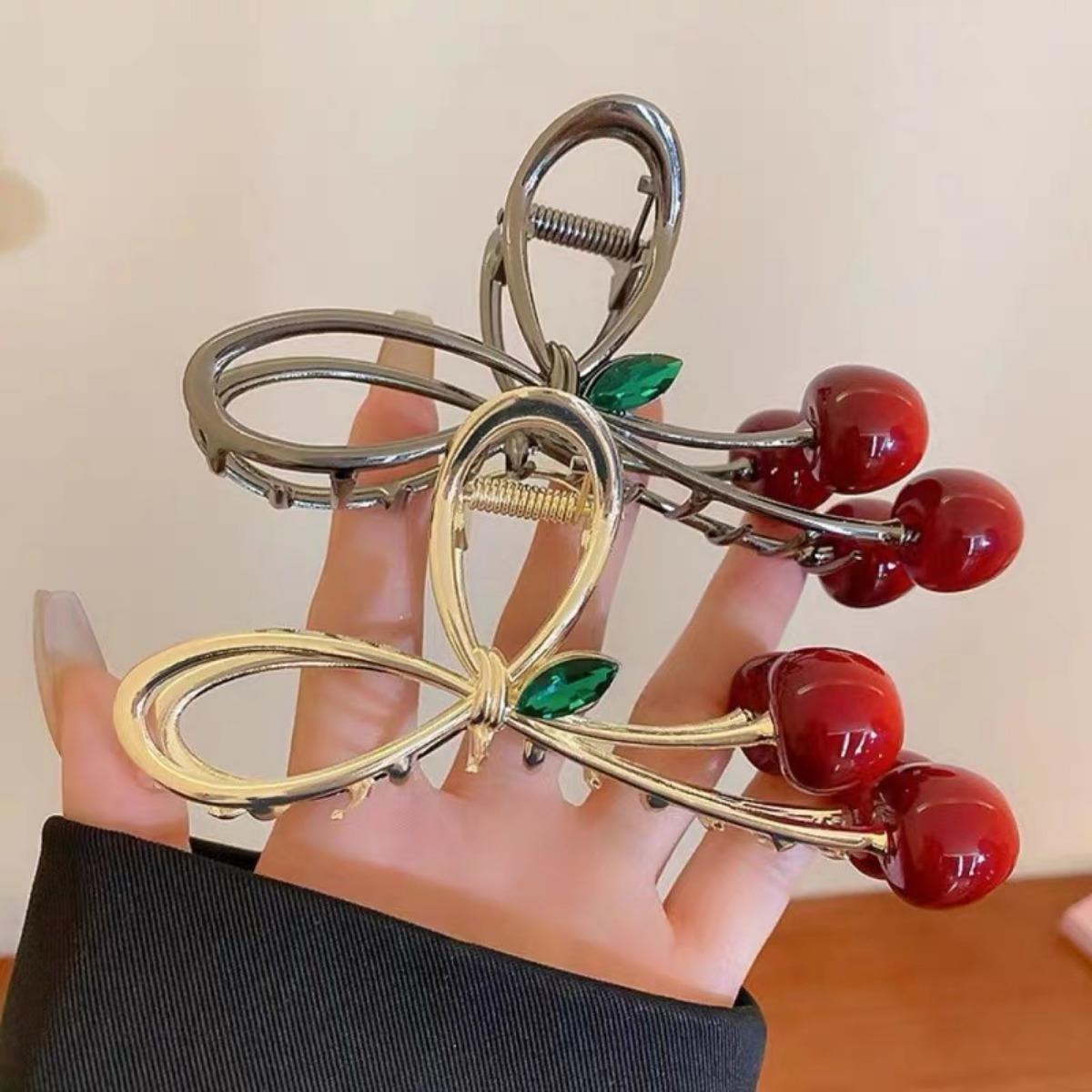 AWAYTR 2Pcs/Set Elegant Cherry Hair Claw Clips for Thick or Thin Hair Alloy Hair Clips Shark Clips Women's Fashion Hair Accessorie