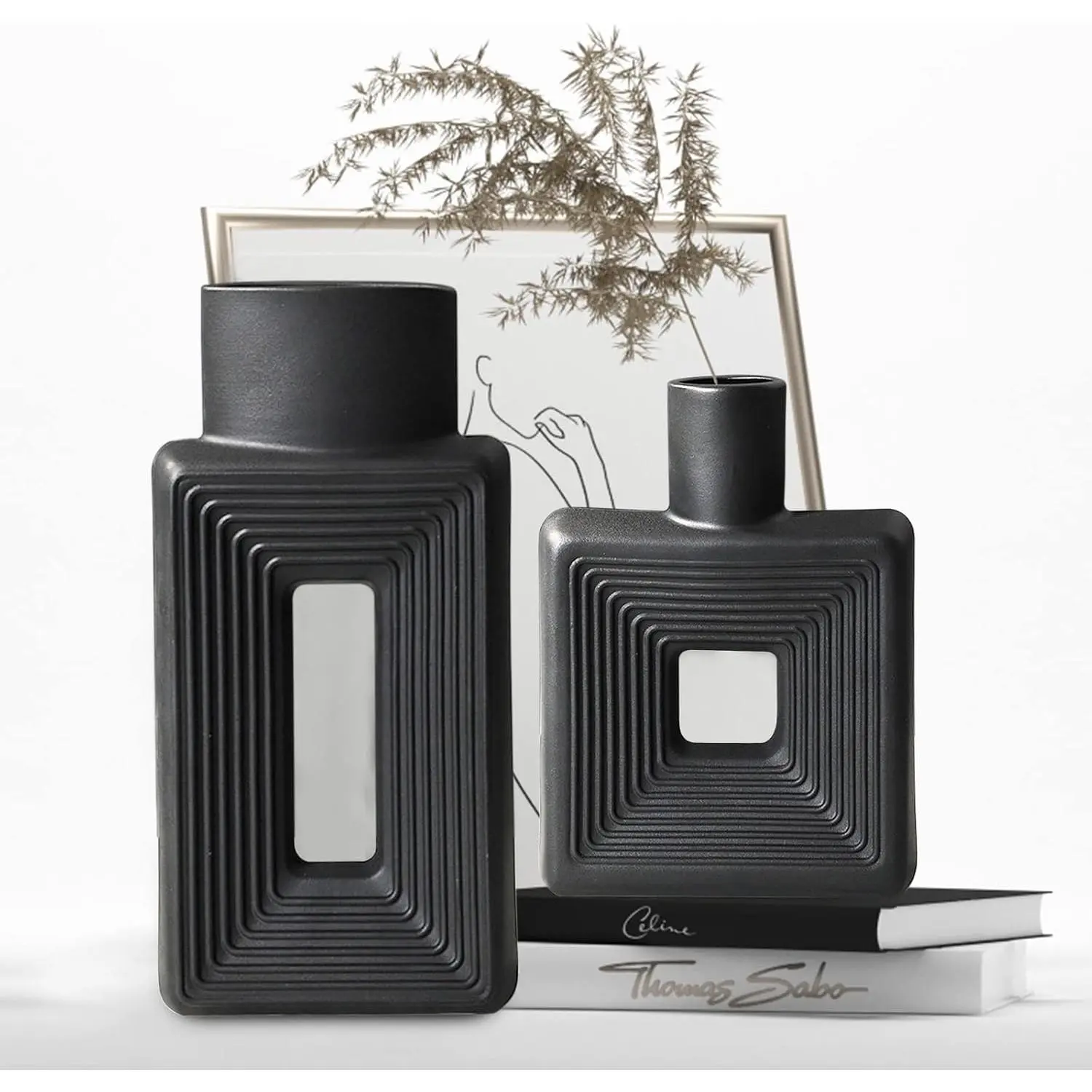 Black Ceramic Vase Set of 2,Square Vase Rustic  Decor Minimalist Nordic Boho Style for Living Room, Shelf, Table, Bookshelf, Mantel and Entryway Decor Vases